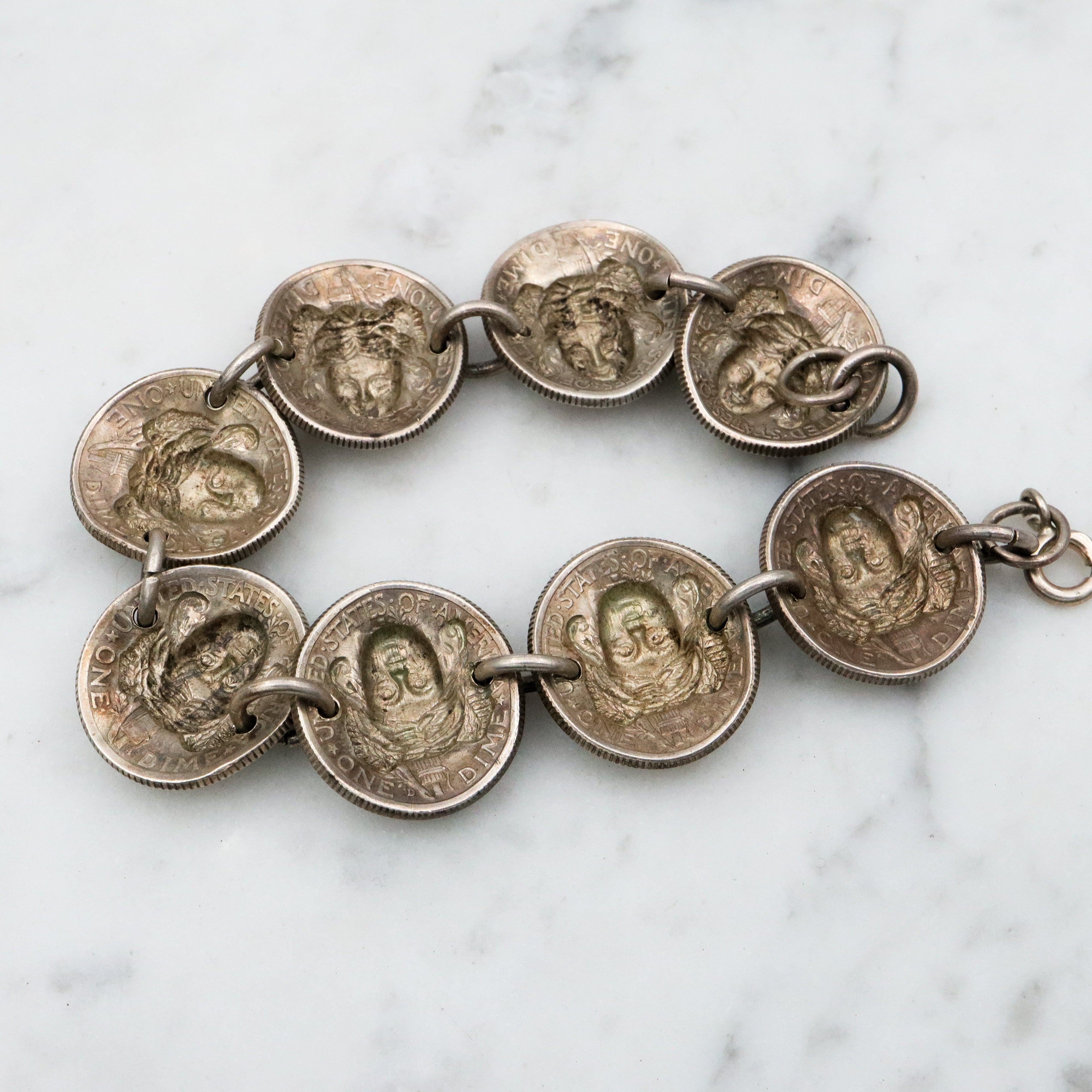 Antique 1940s silver Mercury dime pop out Liberty coin bracelet